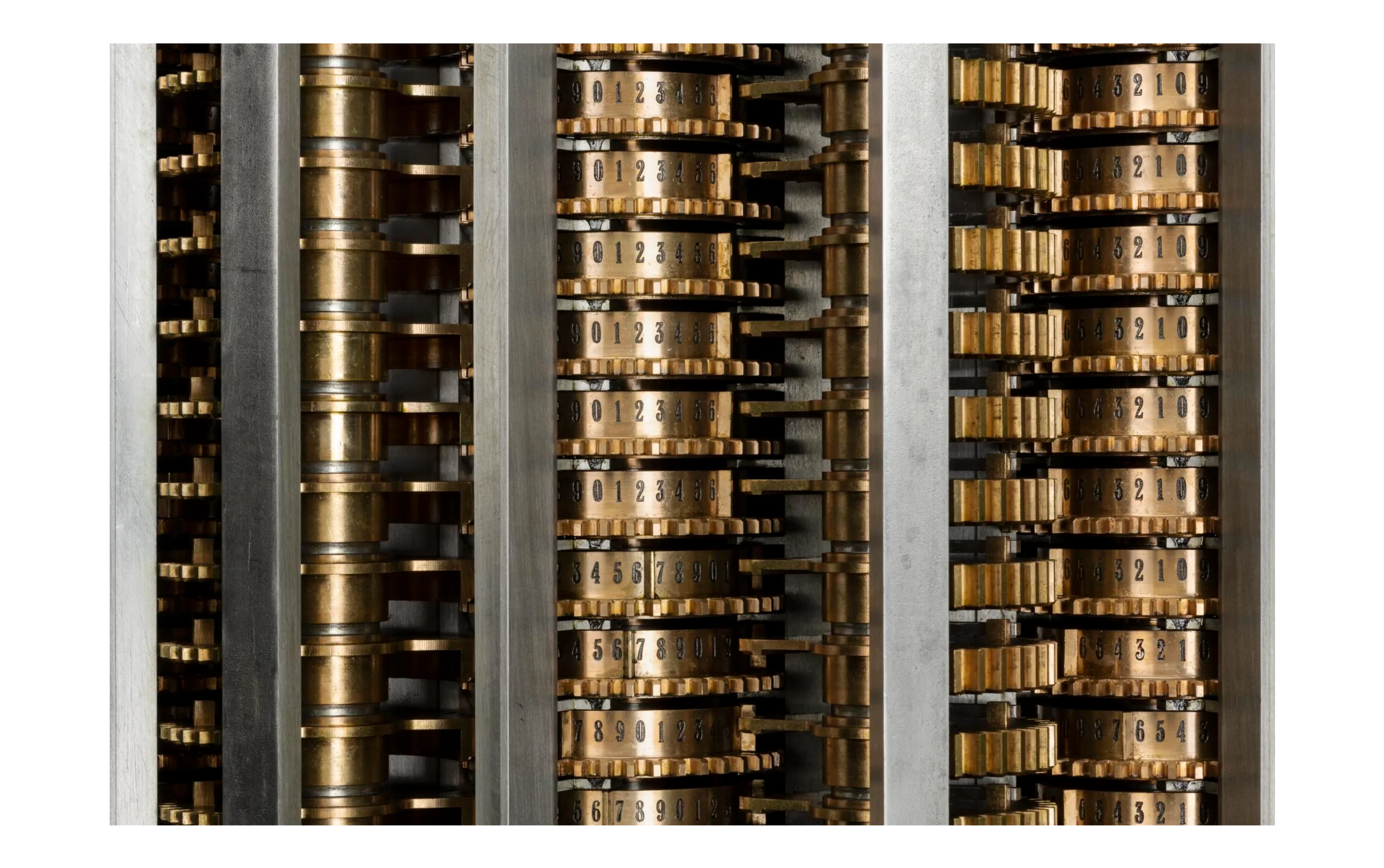 Close-up of decimal figure wheels and gear trains in Difference Engine No. 2